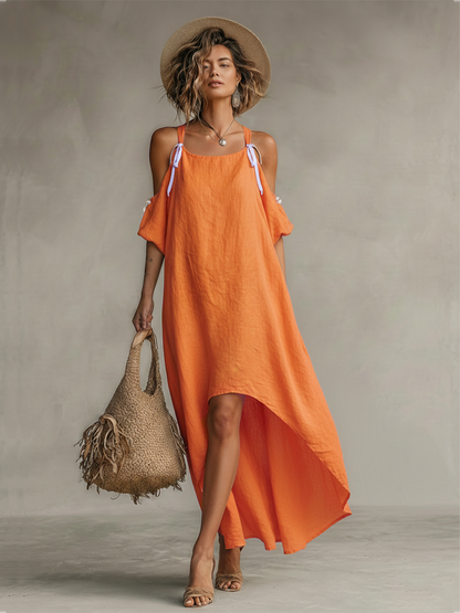 Noor - Casual Linnen Jurk Dames met Koude Schouders en Strikdetail