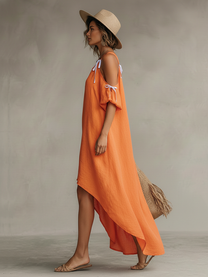 Noor - Casual Linnen Jurk Dames met Koude Schouders en Strikdetail