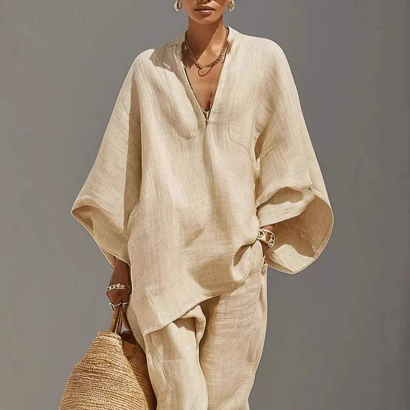 Noor - Casual Linnen Tweedelige Set Dames met V-hals en Oversized Top