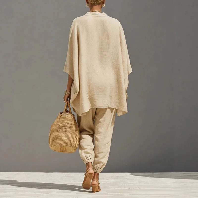 Noor - Casual Linnen Tweedelige Set Dames met V-hals en Oversized Top