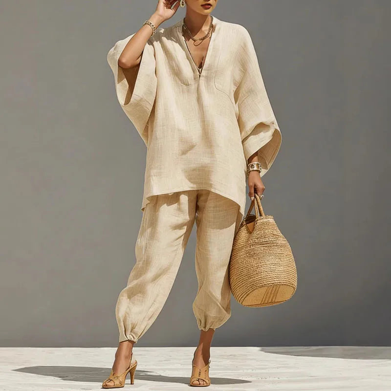 Noor - Casual Linnen Tweedelige Set Dames met V-hals en Oversized Top