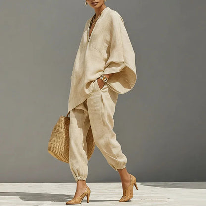 Noor - Casual Linnen Tweedelige Set Dames met V-hals en Oversized Top