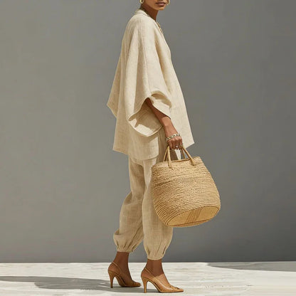 Noor - Casual Linnen Tweedelige Set Dames met V-hals en Oversized Top