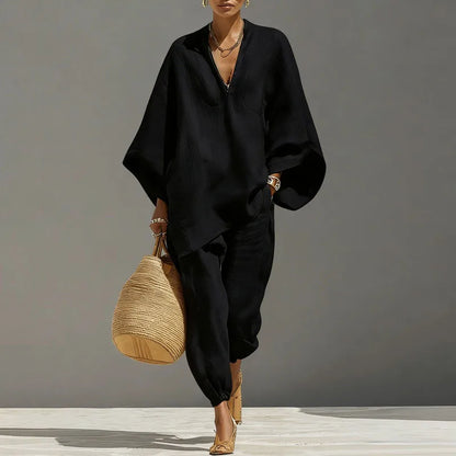 Noor - Casual Linnen Tweedelige Set Dames met V-hals en Oversized Top