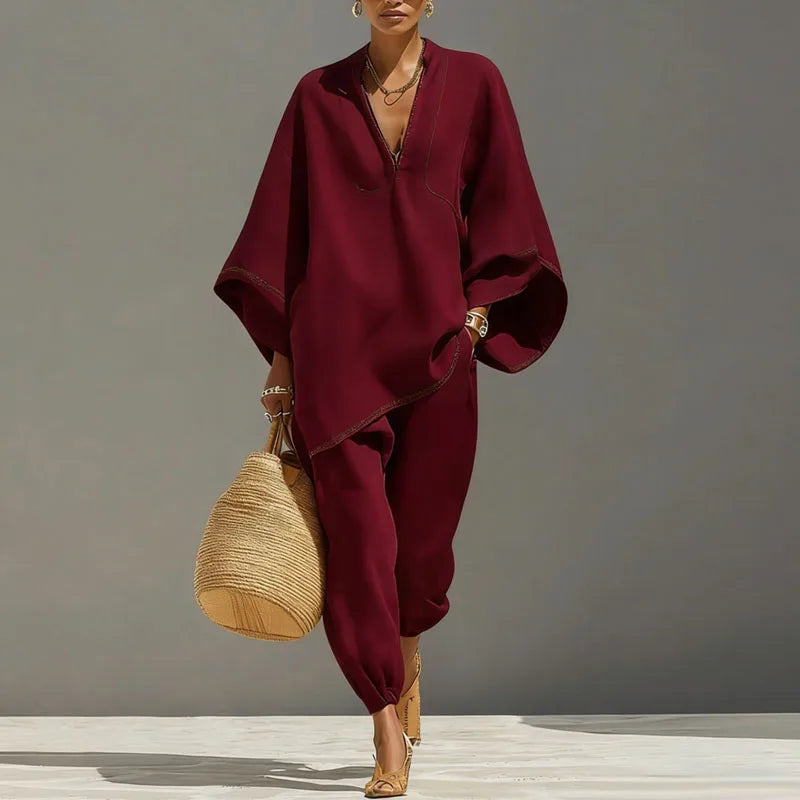 Noor - Casual Linnen Tweedelige Set Dames met V-hals en Oversized Top