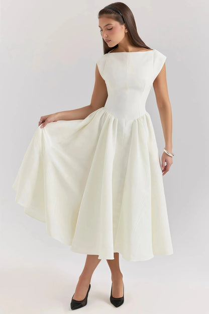Noor - Chique Bruiloft Gastenjurk Dames met Boothals en Uitwaaierende Midi Rok