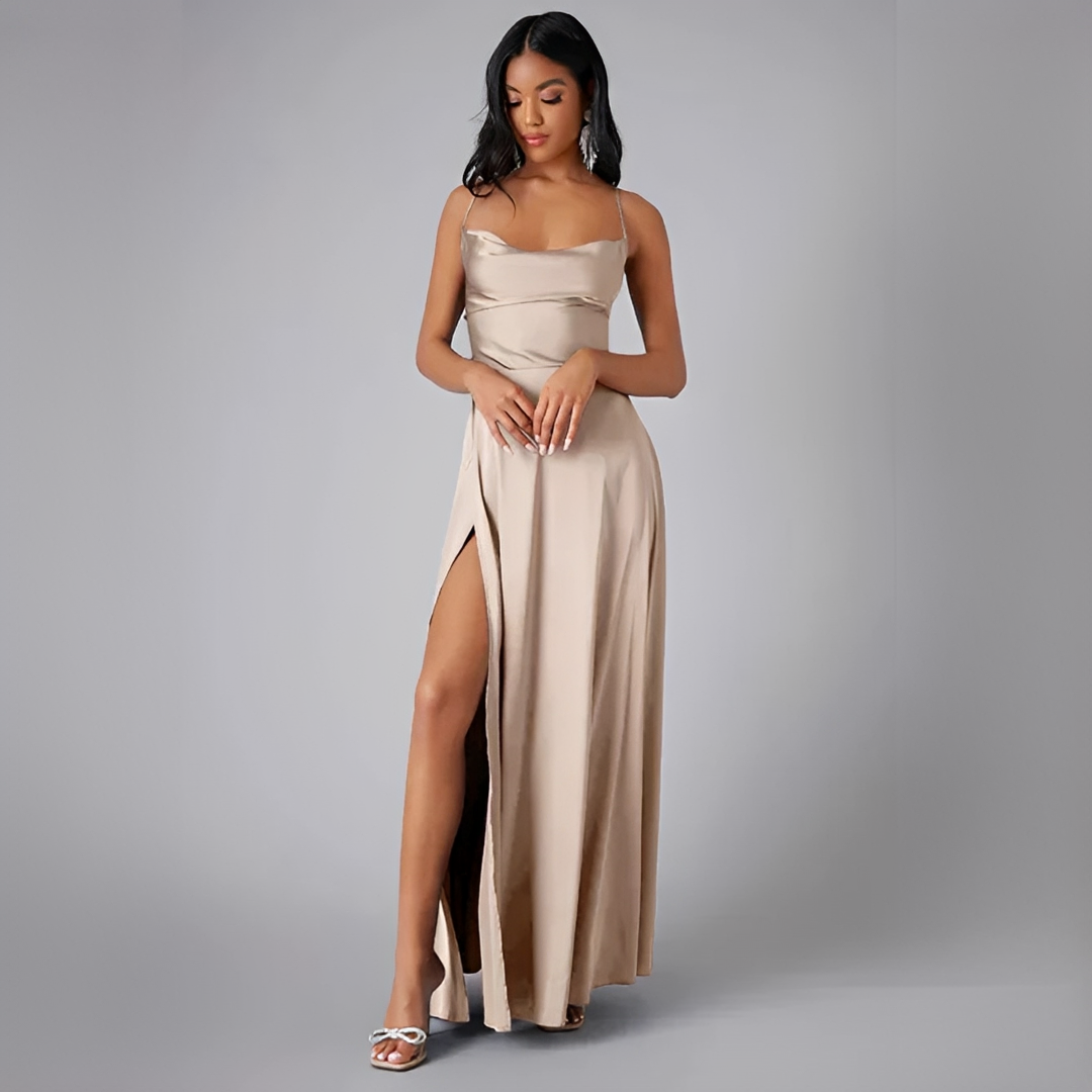 Noor - Chique Maxi Jurk Dames voor Bruiloft Gast met Spaghettibandjes en Hoge Split