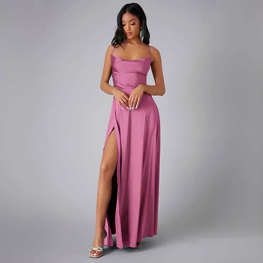 Noor - Chique Maxi Jurk Dames voor Bruiloft Gast met Spaghettibandjes en Hoge Split