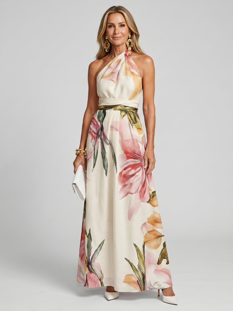 Noor - Elegante Bruiloft Gast Jurk Dames Maxi met Halterneck en Bloemenprint