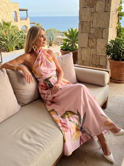 Noor - Elegante Bruiloft Gast Jurk Dames Maxi met Halterneck en Bloemenprint