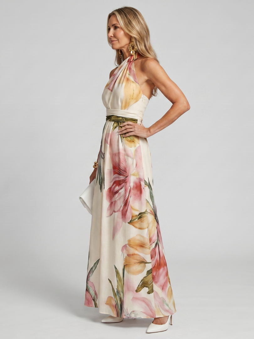 Noor - Elegante Bruiloft Gast Jurk Dames Maxi met Halterneck en Bloemenprint