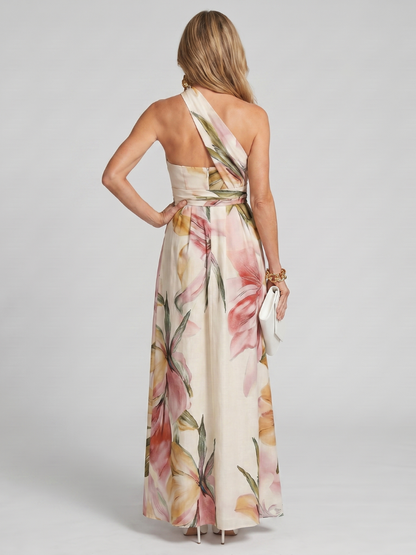 Noor - Elegante Bruiloft Gast Jurk Dames Maxi met Halterneck en Bloemenprint