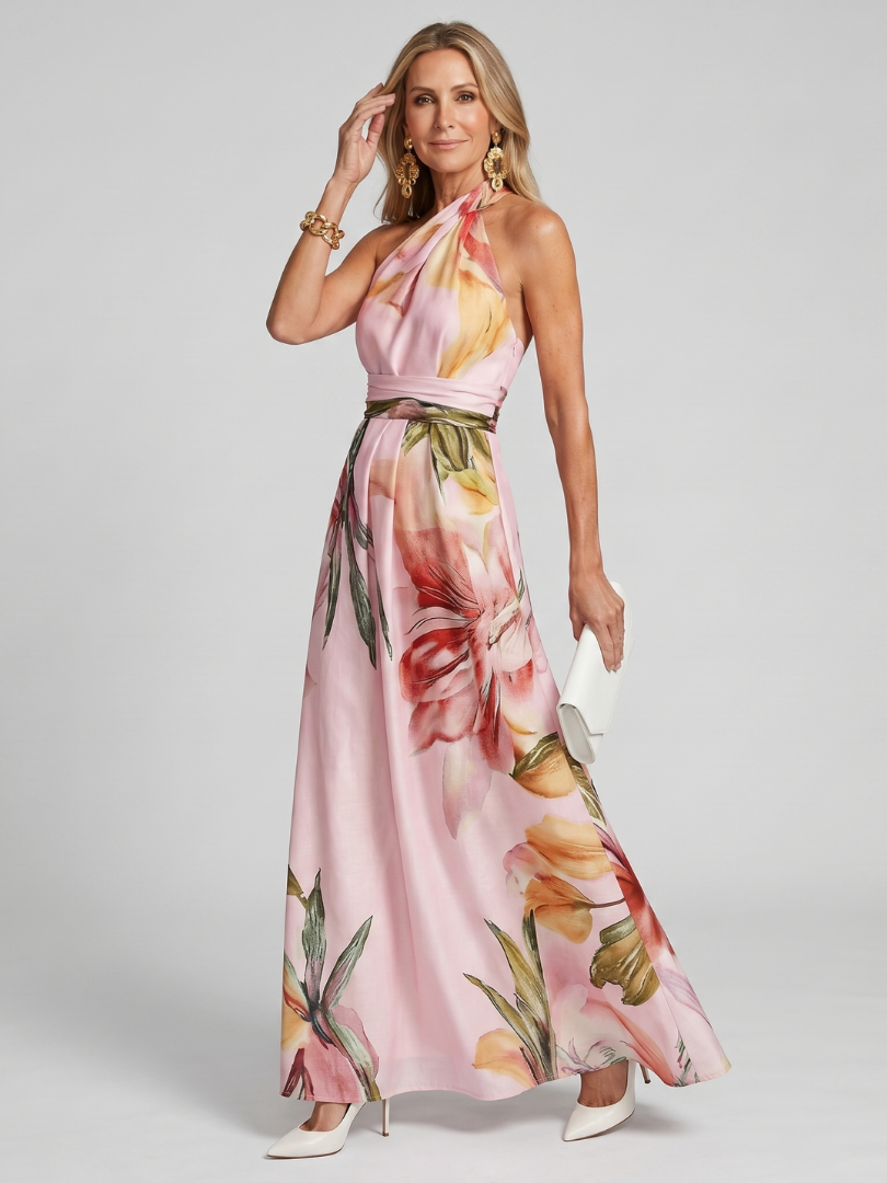 Noor - Elegante Bruiloft Gast Jurk Dames Maxi met Halterneck en Bloemenprint