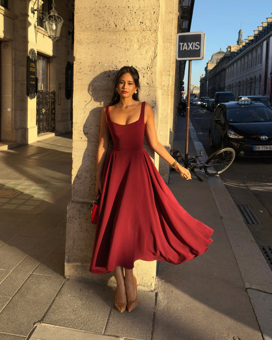 Noor - Elegante Bruiloft Gast Jurk Dames met Vierkante Hals en Volle Rok