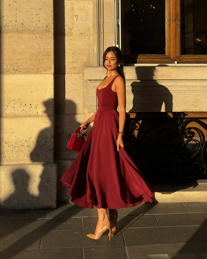 Noor - Elegante Bruiloft Gast Jurk Dames met Vierkante Hals en Volle Rok
