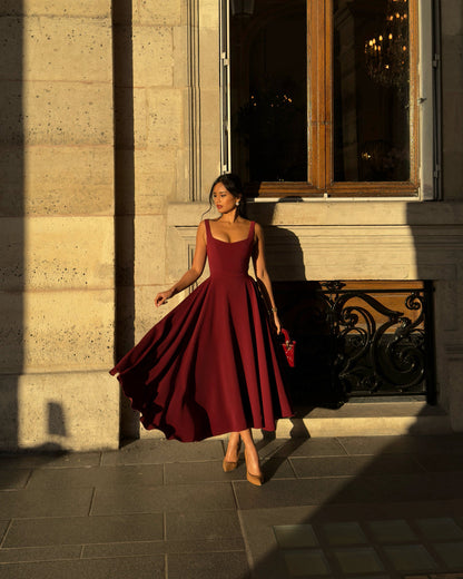 Noor - Elegante Bruiloft Gast Jurk Dames met Vierkante Hals en Volle Rok