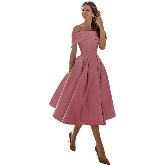 Noor - Elegante Bruiloft Gastenjurk Dames met Off-Shoulder en Wijde Geplooide Rok