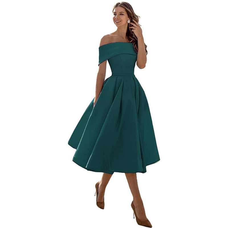 Noor - Elegante Bruiloft Gastenjurk Dames met Off-Shoulder en Wijde Geplooide Rok