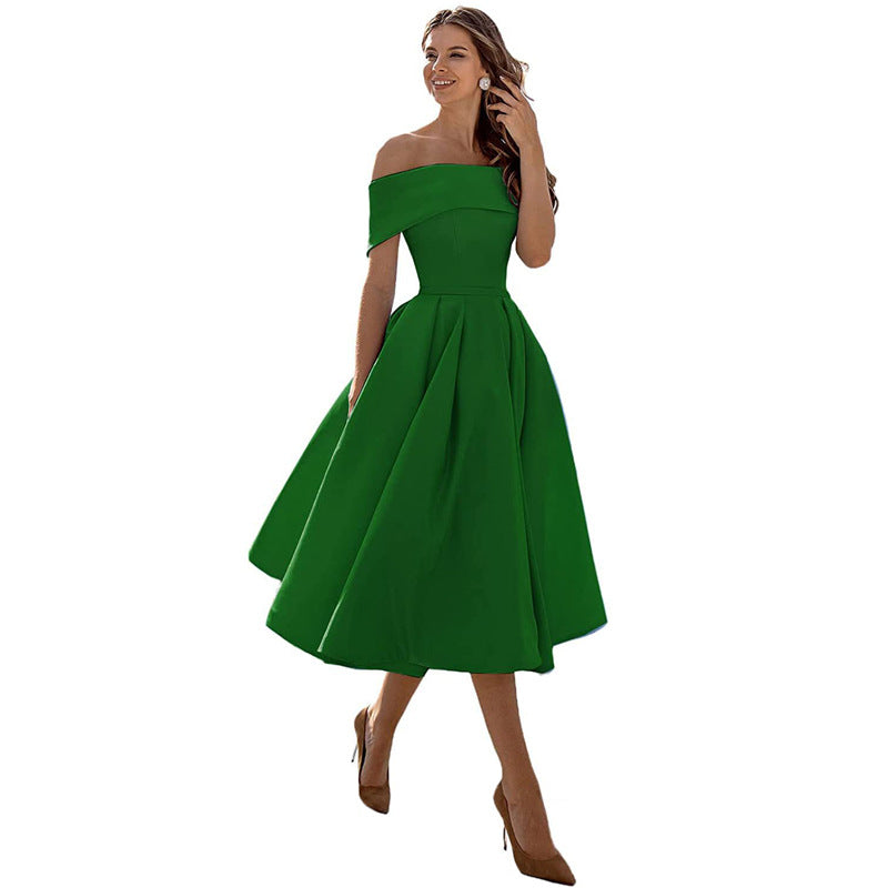 Noor - Elegante Bruiloft Gastenjurk Dames met Off-Shoulder en Wijde Geplooide Rok