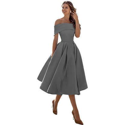 Noor - Elegante Bruiloft Gastenjurk Dames met Off-Shoulder en Wijde Geplooide Rok