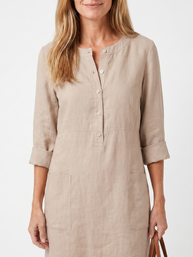 Noor - Elegante Linnen Midi Jurk Dames met 3/4 Mouwen en Knoopsluiting