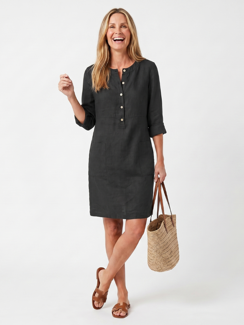 Noor - Elegante Linnen Midi Jurk Dames met 3/4 Mouwen en Knoopsluiting