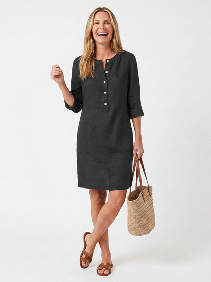 Noor - Elegante Linnen Midi Jurk Dames met 3/4 Mouwen en Knoopsluiting