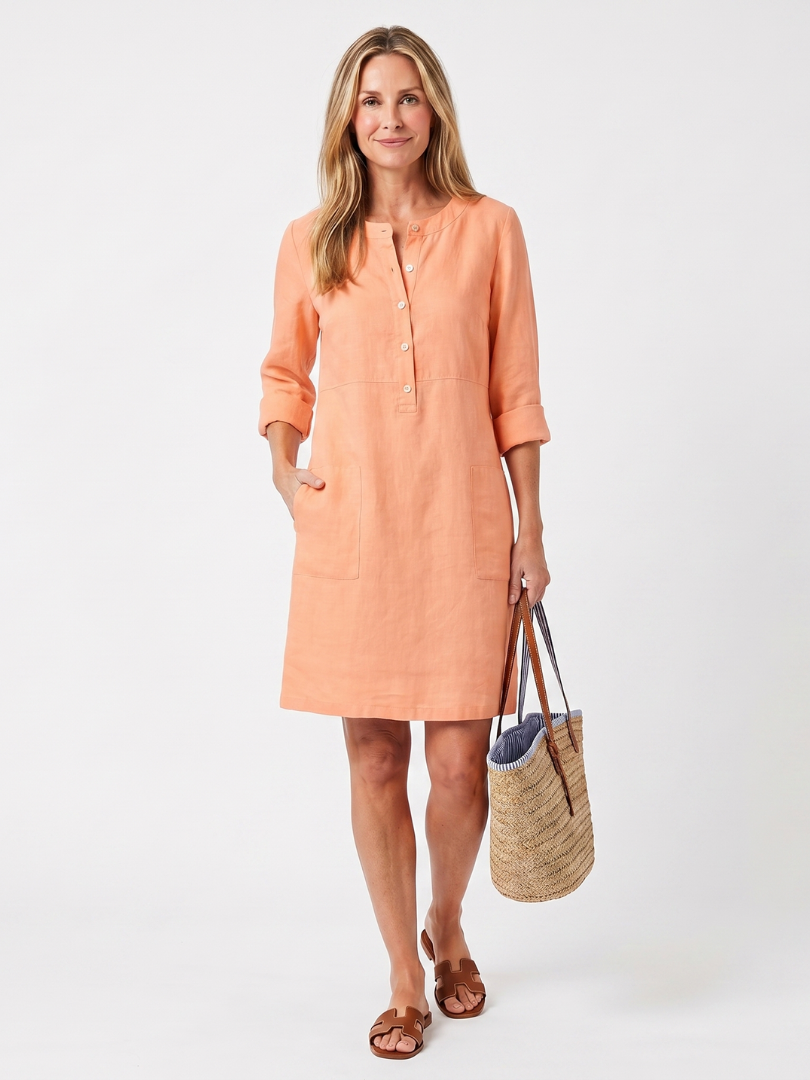 Noor - Elegante Linnen Midi Jurk Dames met 3/4 Mouwen en Knoopsluiting