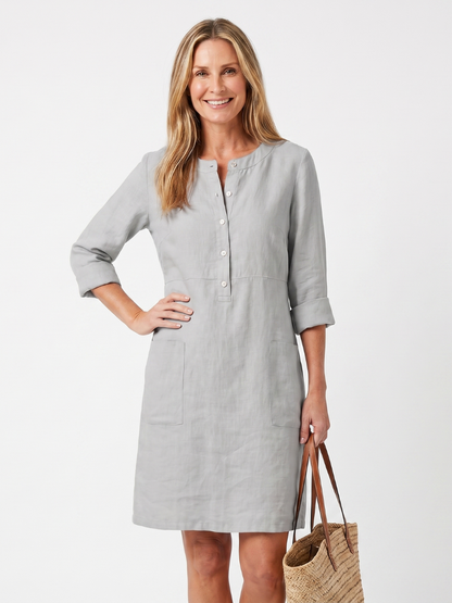 Noor - Elegante Linnen Midi Jurk Dames met 3/4 Mouwen en Knoopsluiting