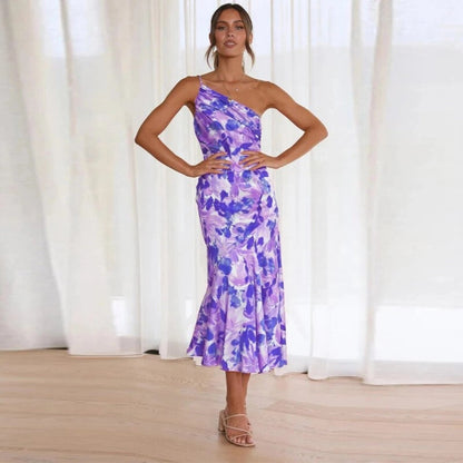 Noor - Romantische Bruiloft Gastenjurk Dames met One-Shoulder en Bloemenprint