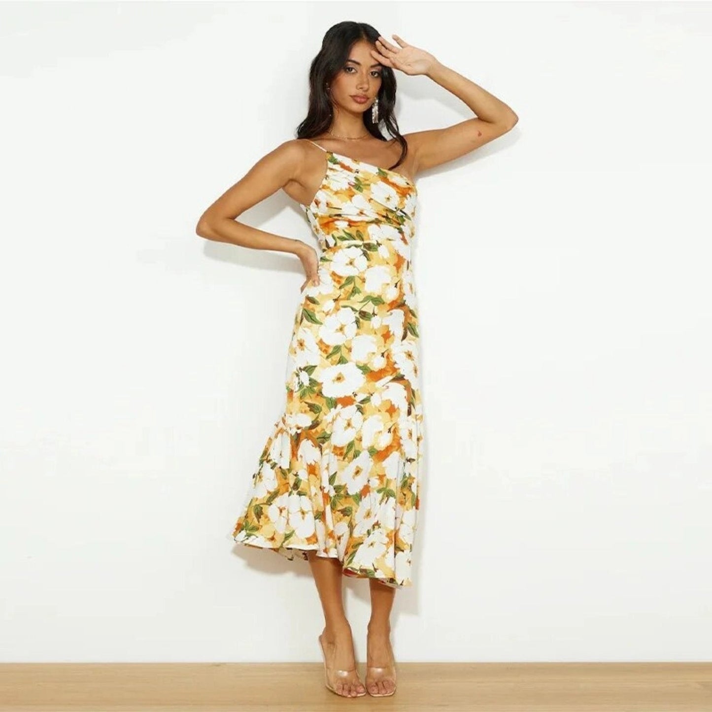Noor - Romantische Bruiloft Gastenjurk Dames met One-Shoulder en Bloemenprint