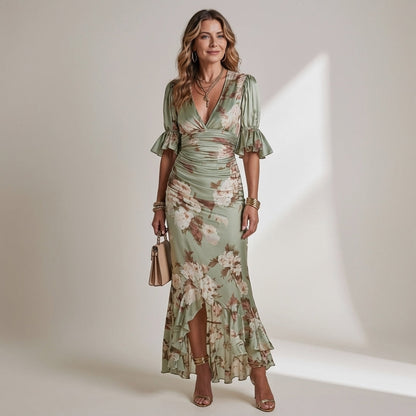Noor - Romantische Maxi Jurk Dames met Ruches en V-hals