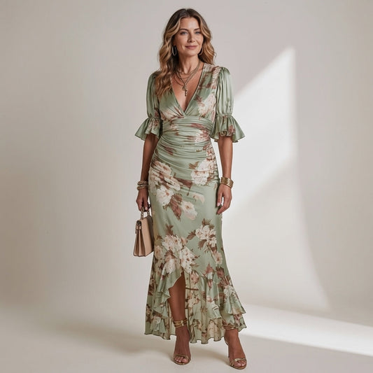 Noor - Romantische Maxi Jurk Dames met Ruches en V-hals