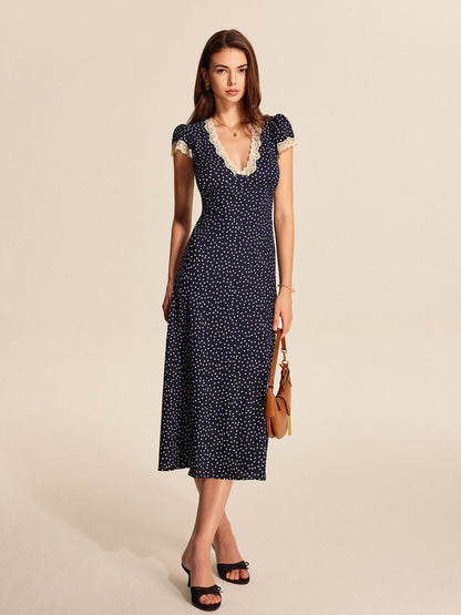 Noor - Romantische Zomerjurk Dames Midi met Stippenprint en Diepe V-hals