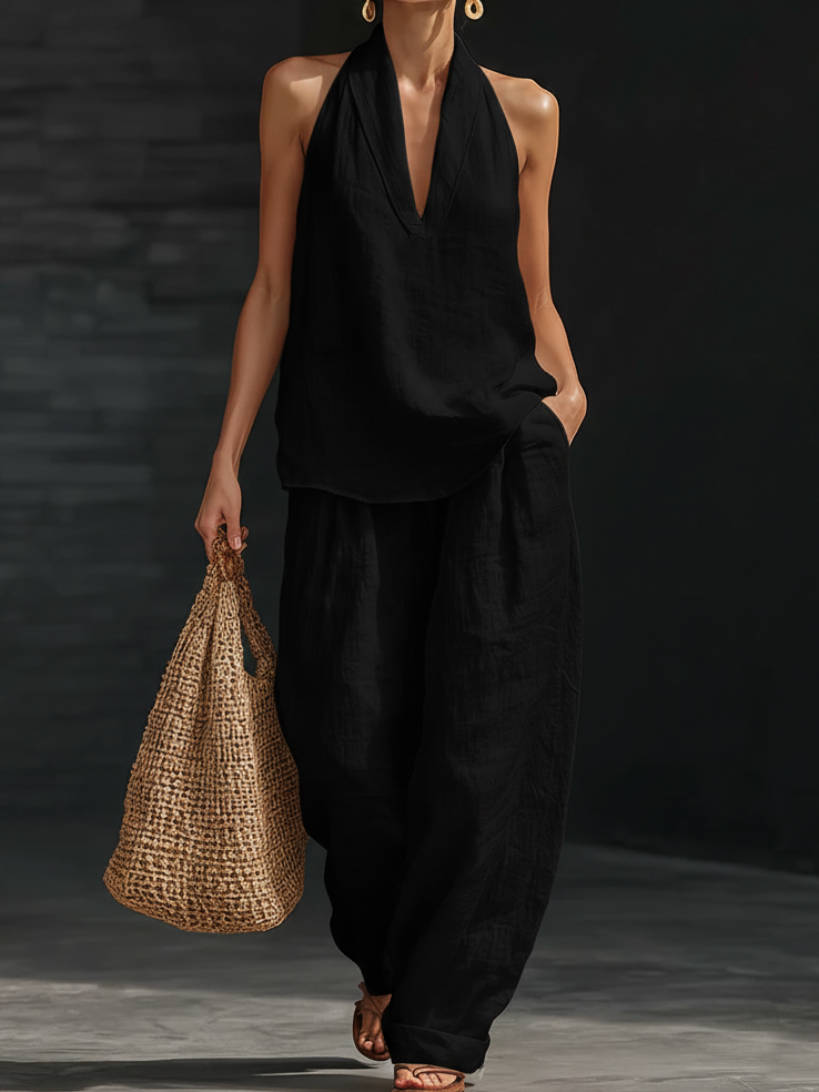 Noor - Stijlvolle Linnen Set Dames met Halter Top en Ruimvallende Broek