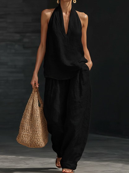 Noor - Stijlvolle Linnen Set Dames met Halter Top en Ruimvallende Broek