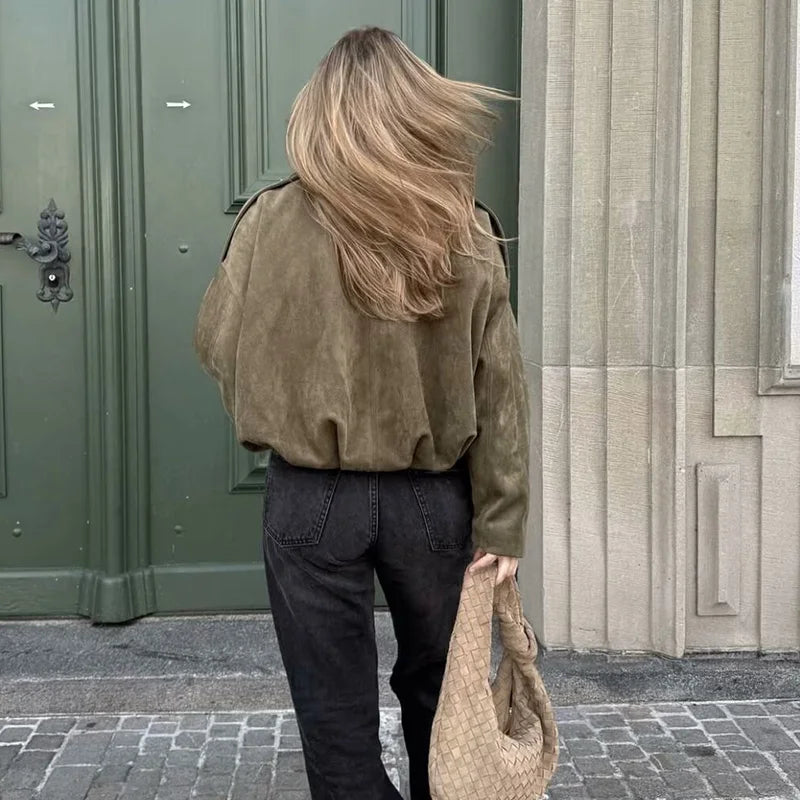 Noor - Dames Suède Stijl Bomberjack voor de Herfst met Kraag en Knoopsluiting