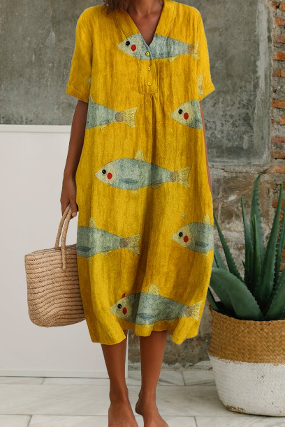 Noor - Vintage Grote Maten Midi Jurk Dames met Visprint en Korte Mouw