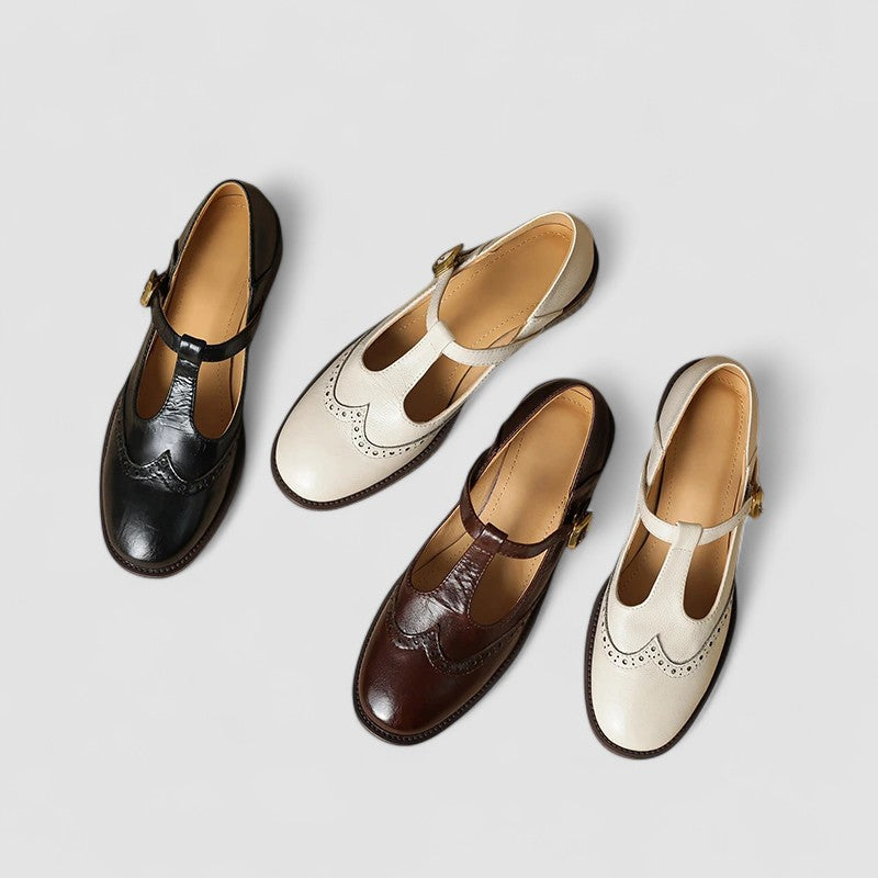 Noor - Vintage Orthopedische Sandalen Dames met T-Bandje en Broguedetail