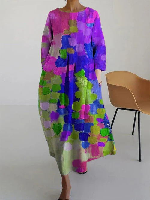 Noor - Vrolijke Linnen Jurk Dames met Kleurrijke Abstracte Print en Wijde Rok