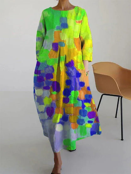 Noor - Vrolijke Linnen Jurk Dames met Kleurrijke Abstracte Print en Wijde Rok