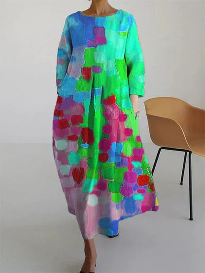 Noor - Vrolijke Linnen Jurk Dames met Kleurrijke Abstracte Print en Wijde Rok