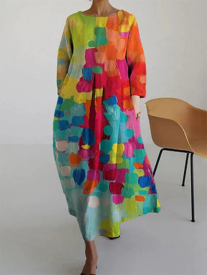 Noor - Vrolijke Linnen Jurk Dames met Kleurrijke Abstracte Print en Wijde Rok