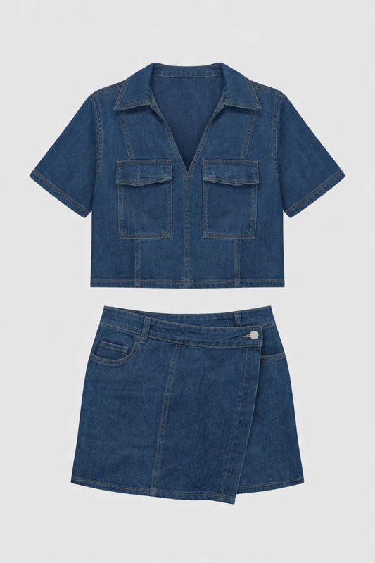 Dames Set - Cropped Top met Mini Rok en V-hals Kraag | Casual