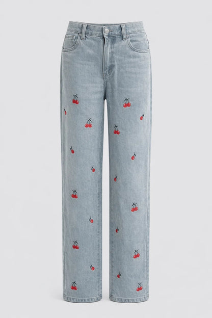 Wide Leg Jeans | Speelse Broek met Kersenpatroon | Hoge Taille