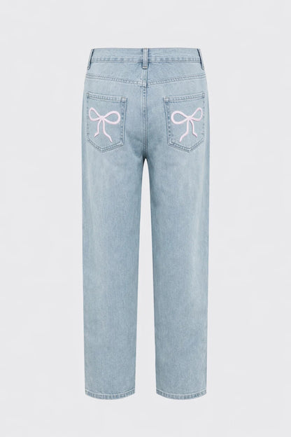 Wide Leg Jeans | Speelse Broek met Kersenpatroon | Hoge Taille