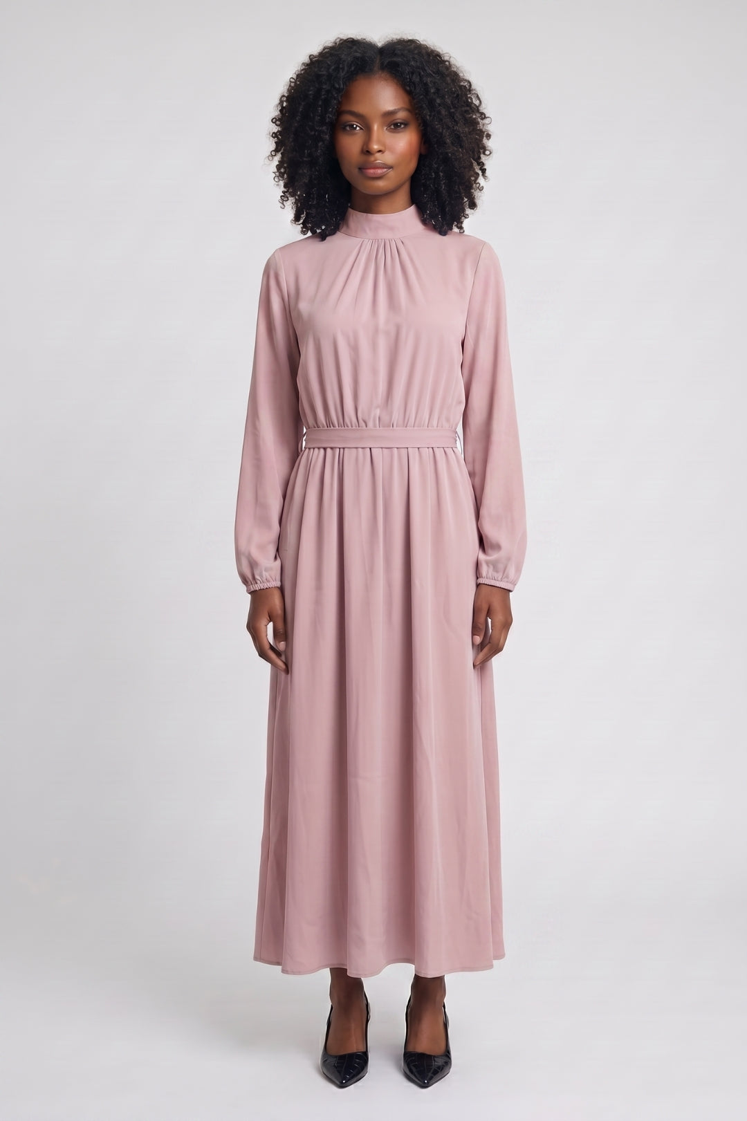 Midi Jurk Dames - Geplooide Rok met Ceintuur en Hoge Hals