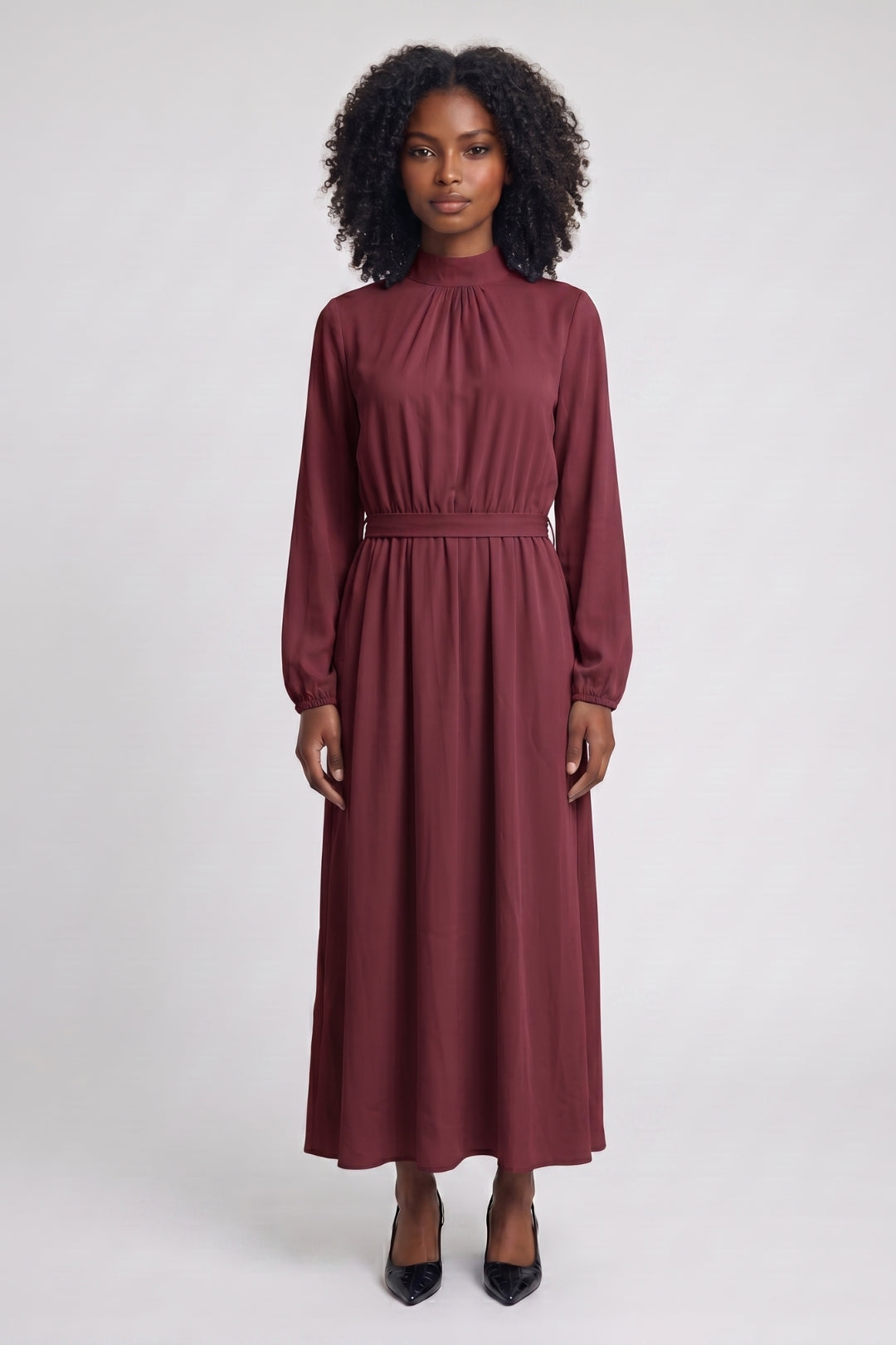 Midi Jurk Dames - Geplooide Rok met Ceintuur en Hoge Hals
