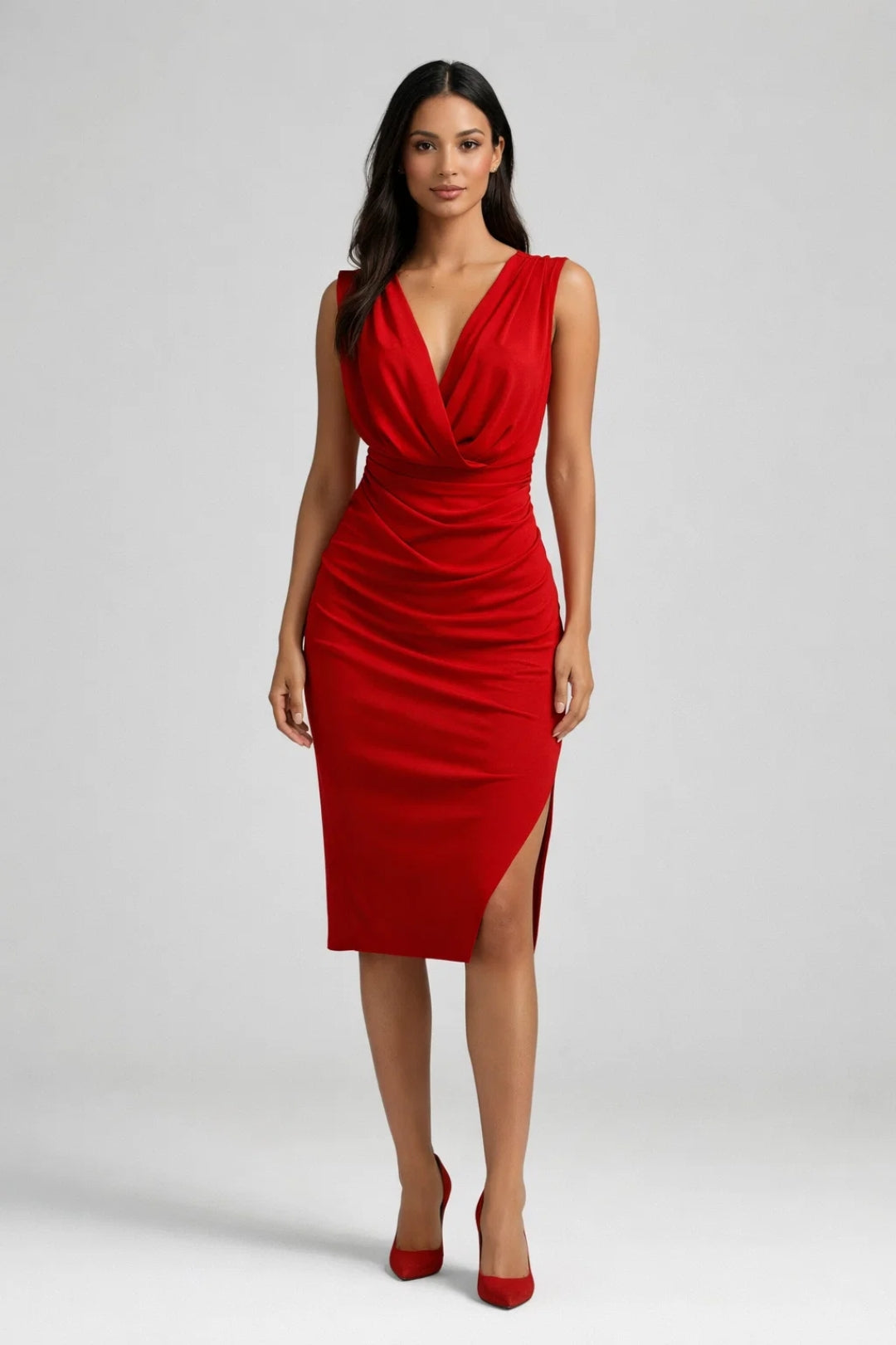 Midi Jurk Dames - Strakke V-hals met Split | Elegant