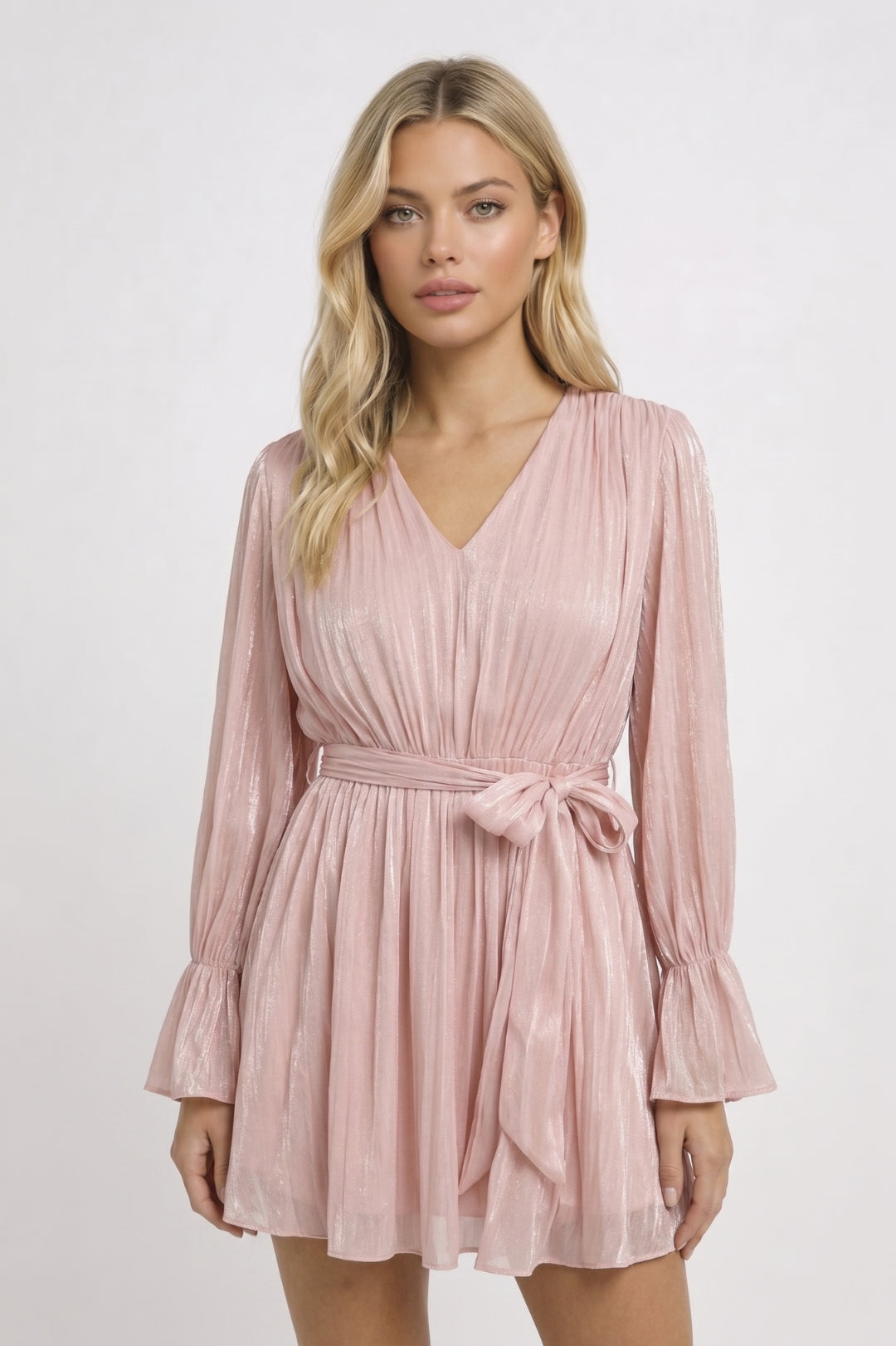 Mini Jurk Dames - Diepe V-hals met Lange Mouwen en Strikceintuur